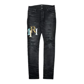 Amiri Leather Staggered Logo Jeans Faded Back Pre-Owned