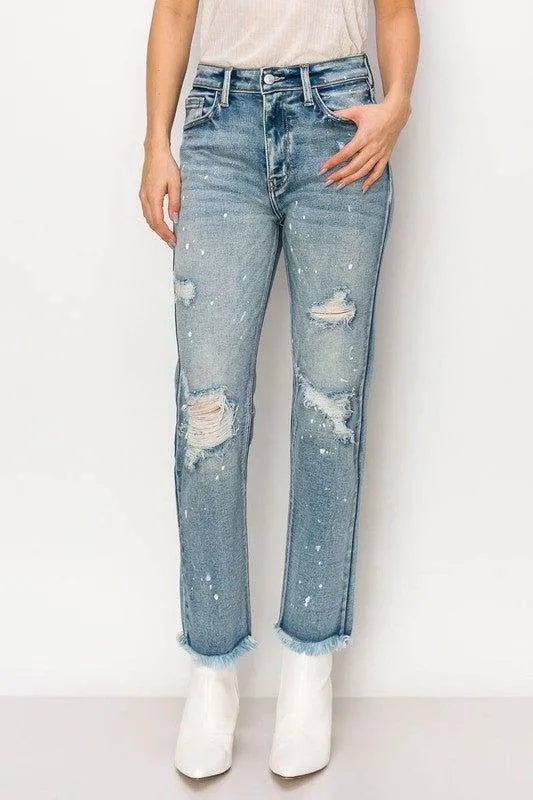 Artemis Vintage High Rise Distressed Straight With Fray Hem Jeans