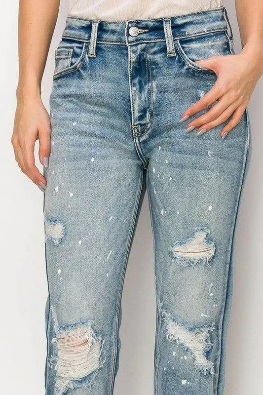 Artemis Vintage High Rise Distressed Straight With Fray Hem Jeans