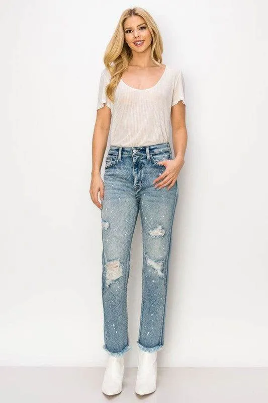 Artemis Vintage High Rise Distressed Straight With Fray Hem Jeans