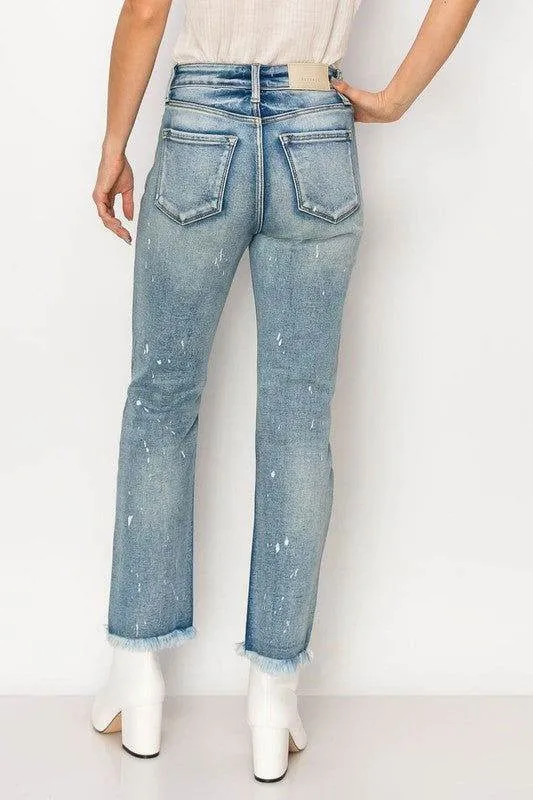 Artemis Vintage High Rise Distressed Straight With Fray Hem Jeans