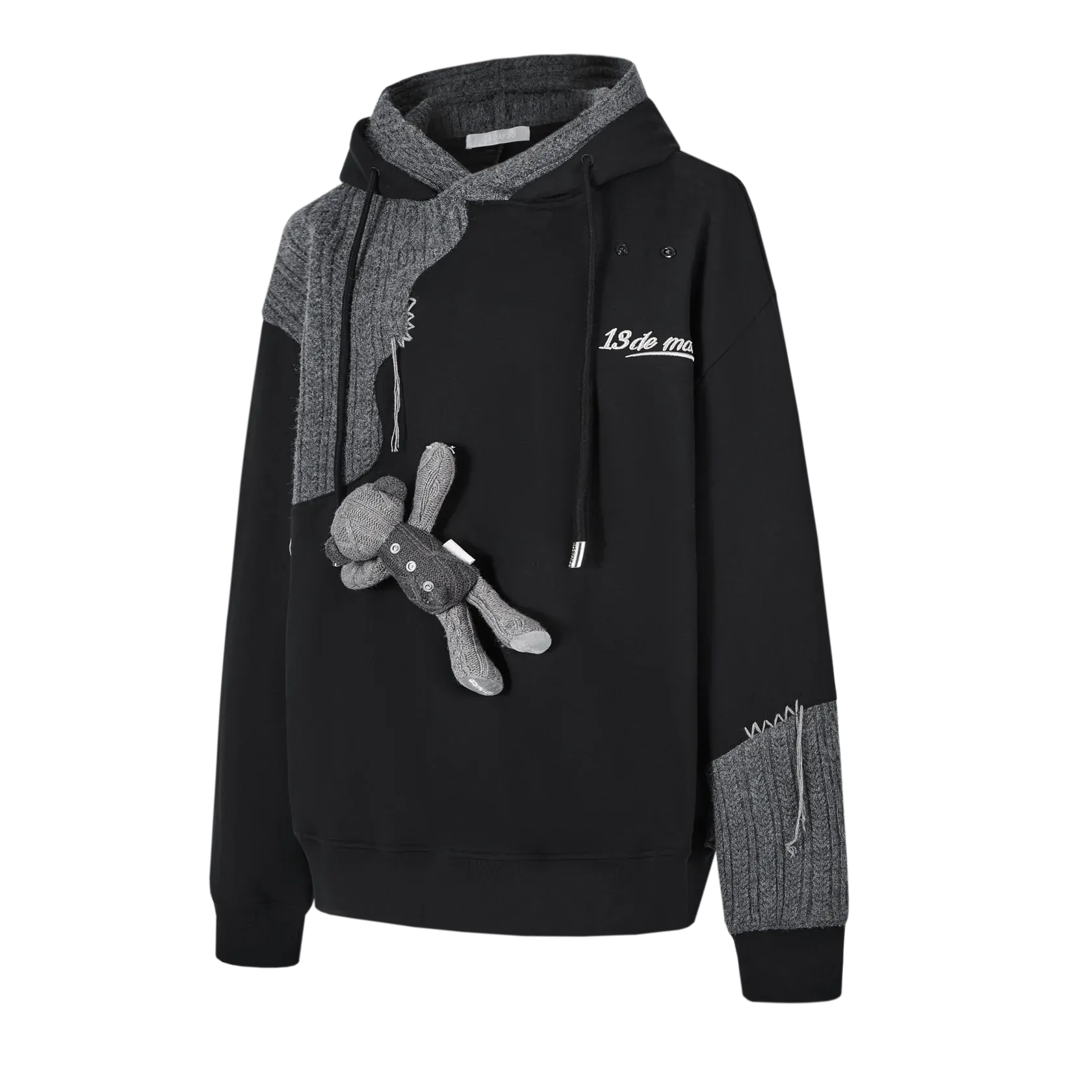 Bear Knit Suture Layered Hoodie in Black