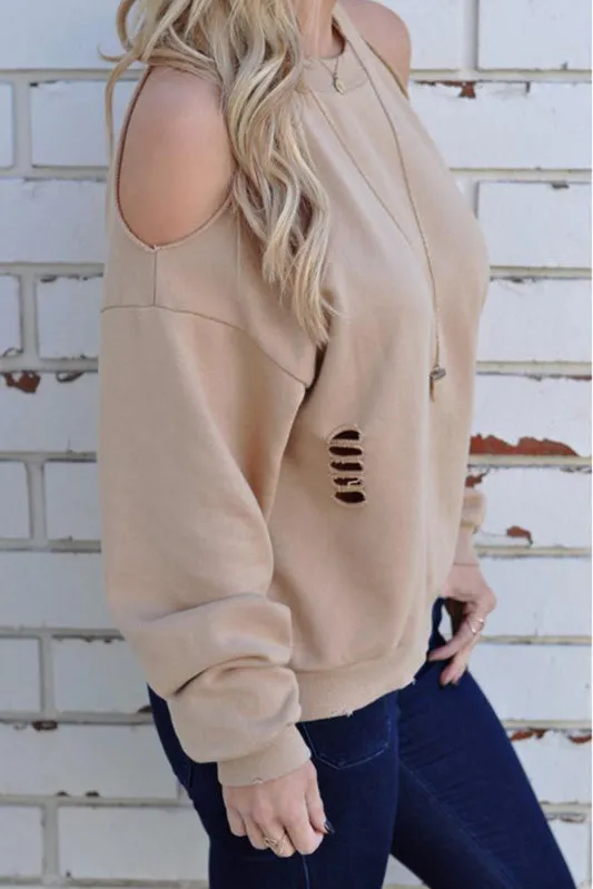 Bear Shoulder Cut Out Loose Pure Color Sweatshirt