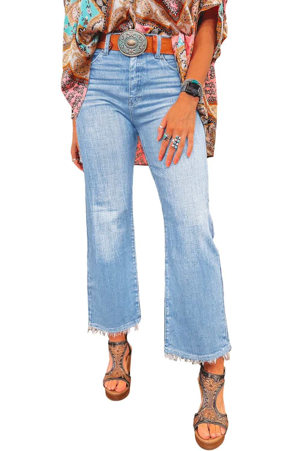 Beau Blue Mineral Wash Raw Hem High Waist Flared Jeans