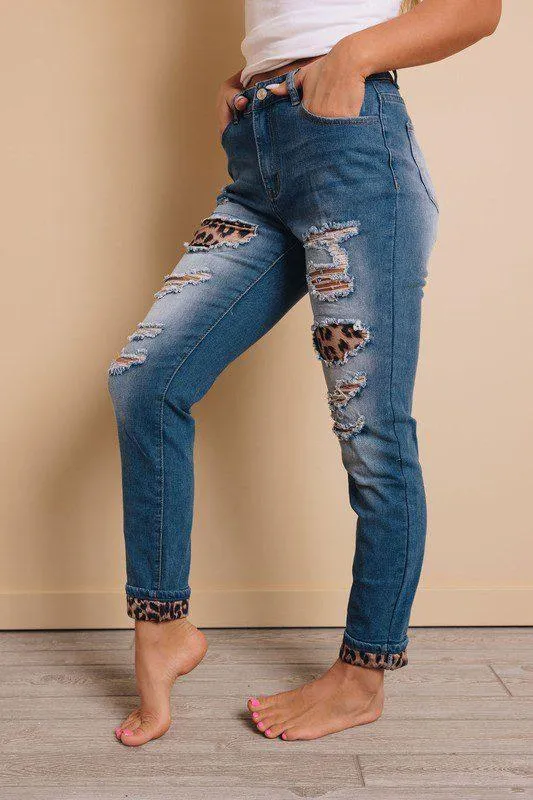 Distressed Animal Print Denim Jeans