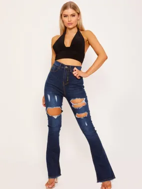 Ellis Distressed Frayed Flare Jeans In Blue