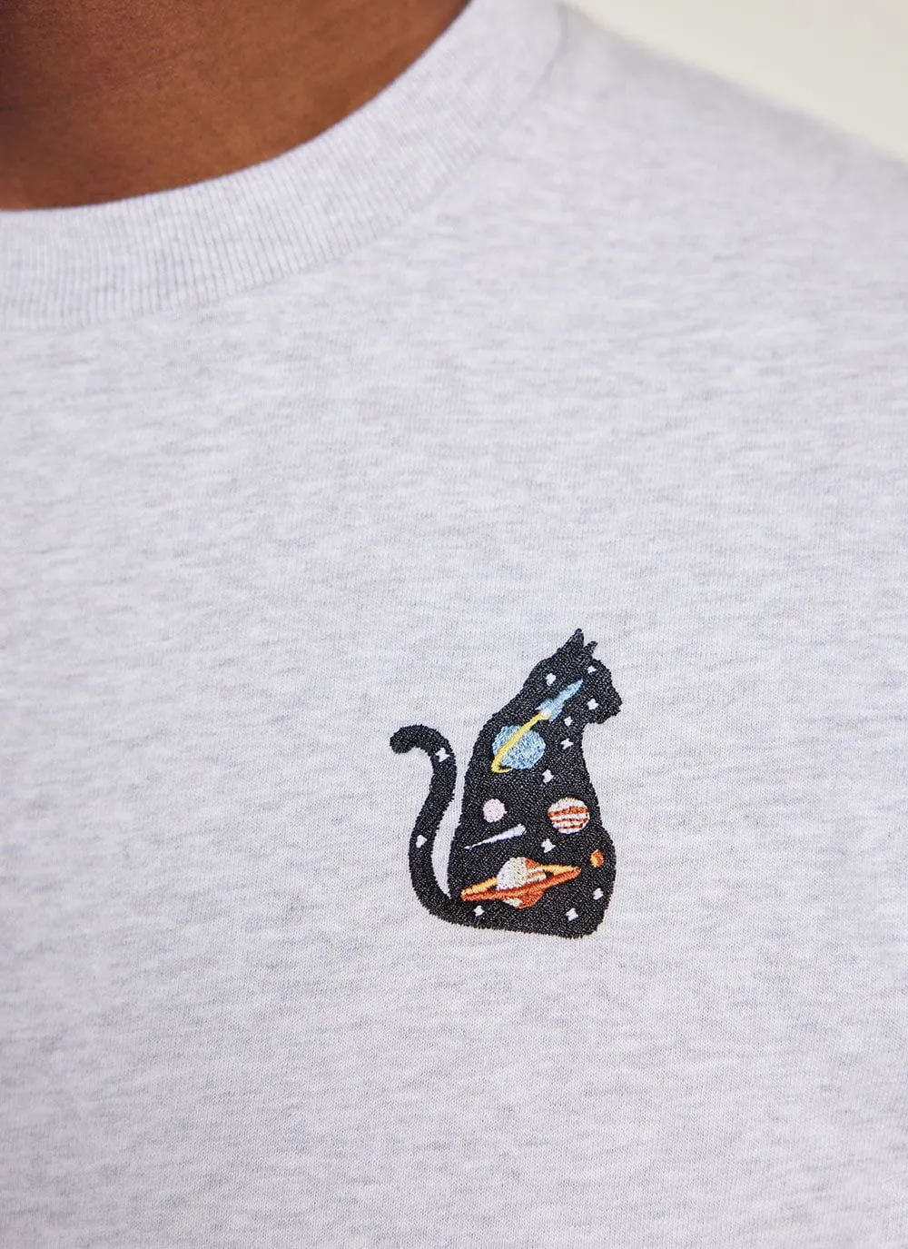 Galaxy Cat T Shirt | Embroidered Organic Cotton | Athletic Grey