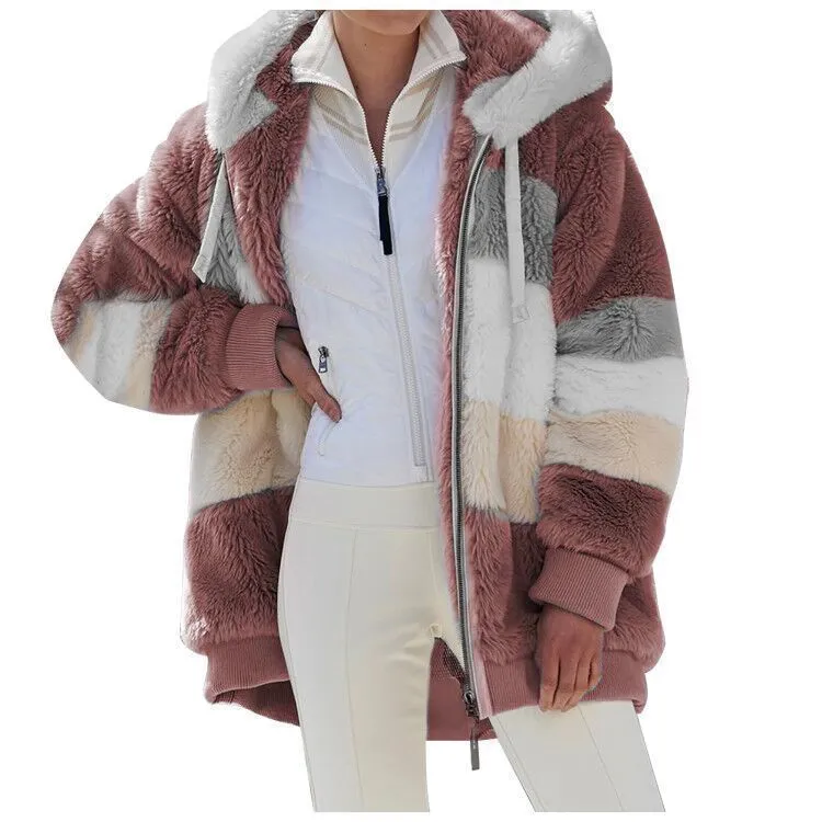 Glamorous Women's Loose Plush Multi-color Hooded Coats