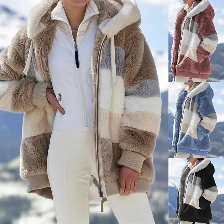 Glamorous Women's Loose Plush Multi-color Hooded Coats