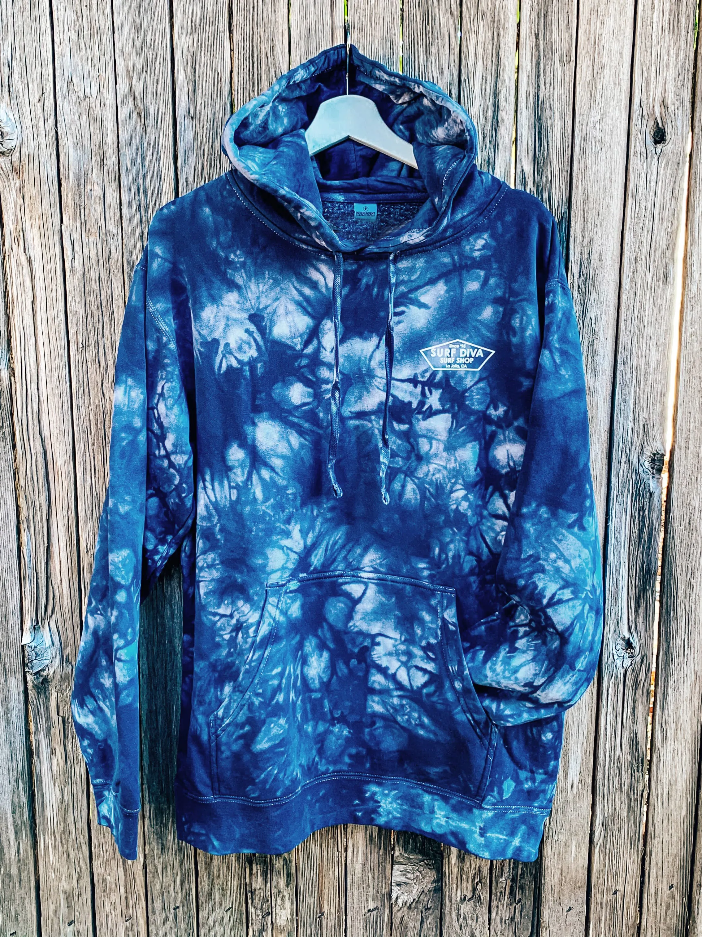 HOODIE SWEATSHIRT with SURF DIVA SURF SHOP (blue tie-dye)