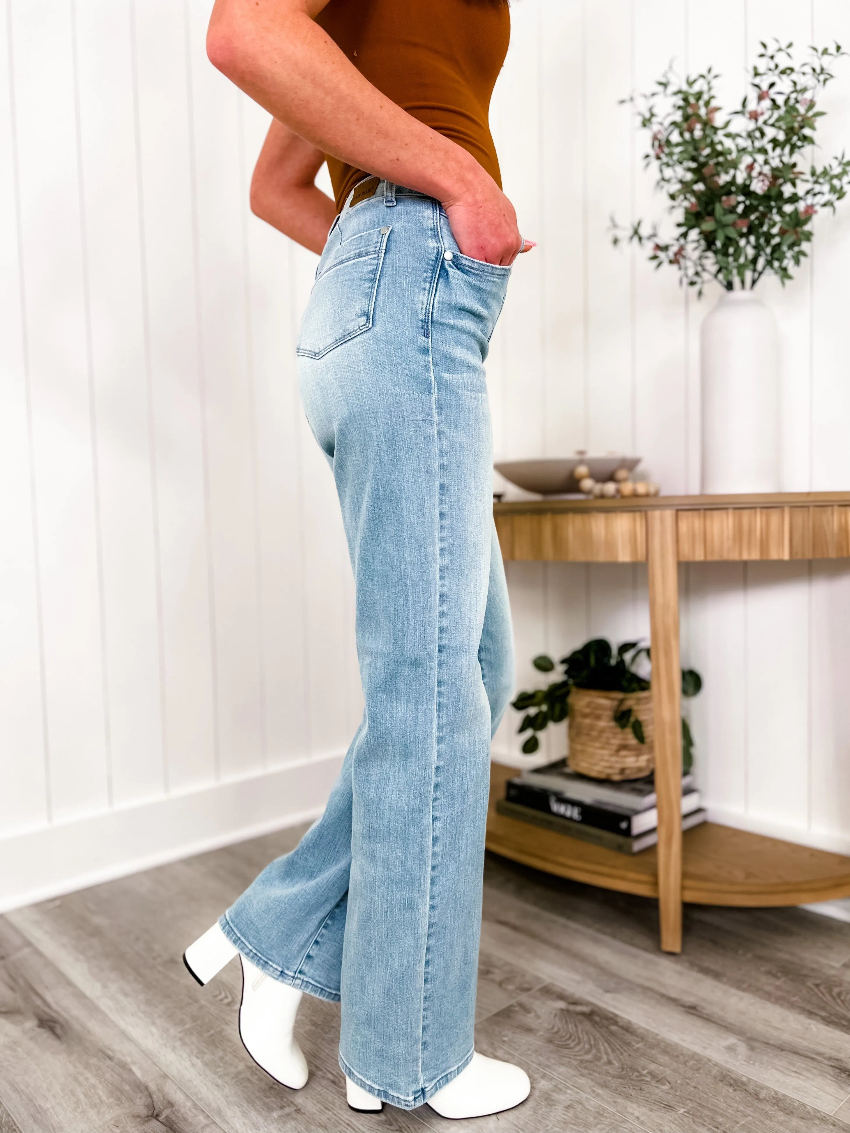 Judy Blue Lavender's Blue Light Wash High Rise Wide Leg Jeans With Pocket Detail