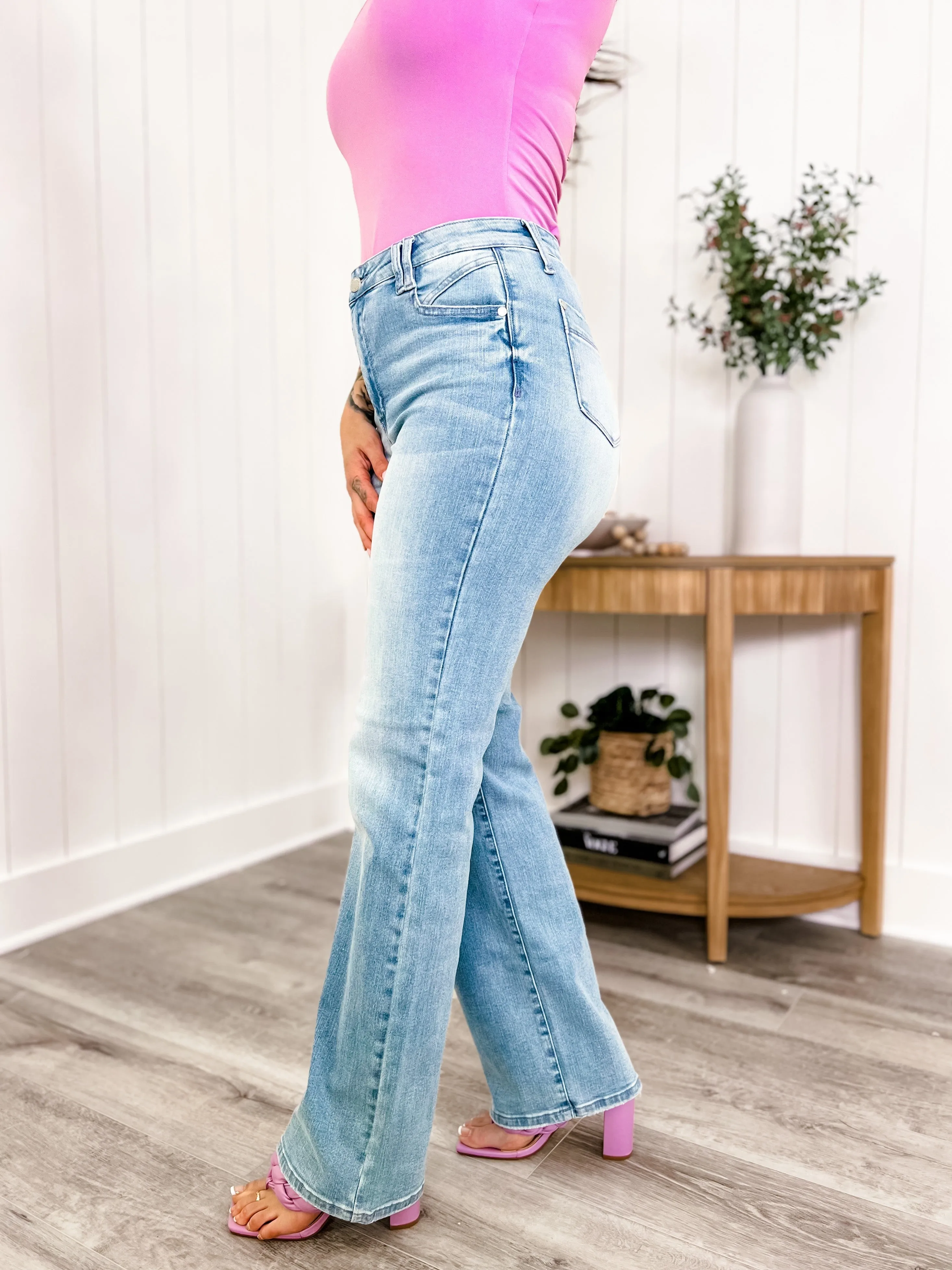 Judy Blue Lavender's Blue Light Wash High Rise Wide Leg Jeans With Pocket Detail