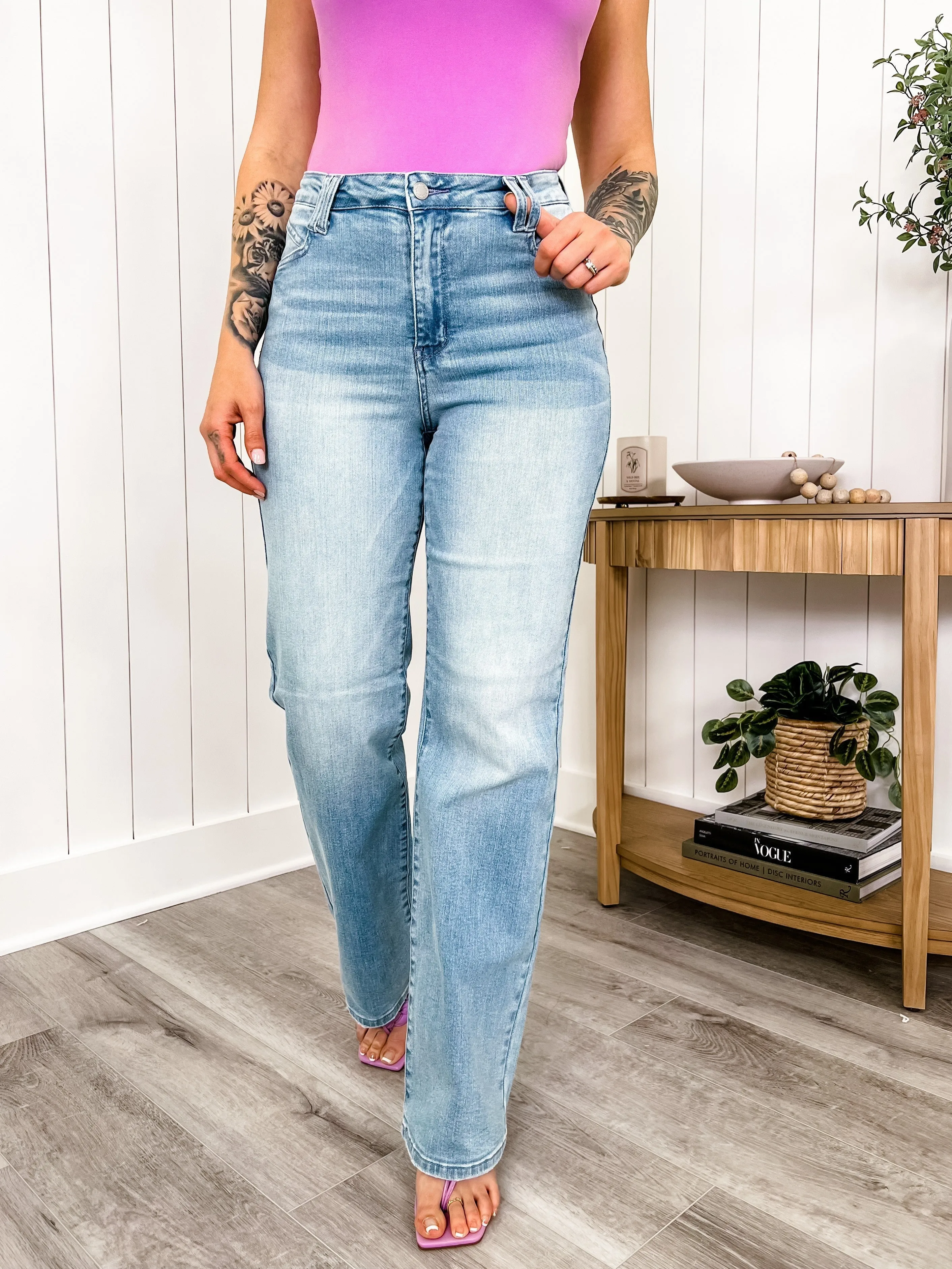 Judy Blue Lavender's Blue Light Wash High Rise Wide Leg Jeans With Pocket Detail