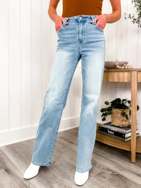 Judy Blue Lavender's Blue Light Wash High Rise Wide Leg Jeans With Pocket Detail