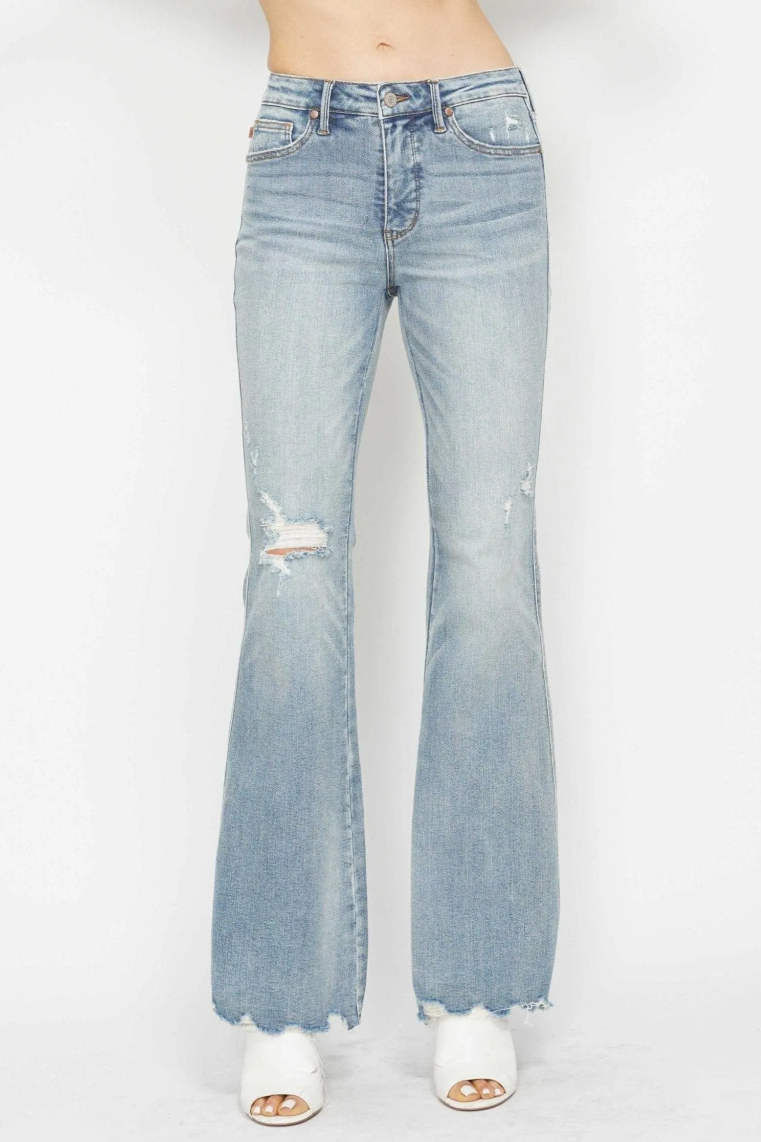 Judy Blue Mid Rise Tummy Control Distressed Flare Leg Jeans