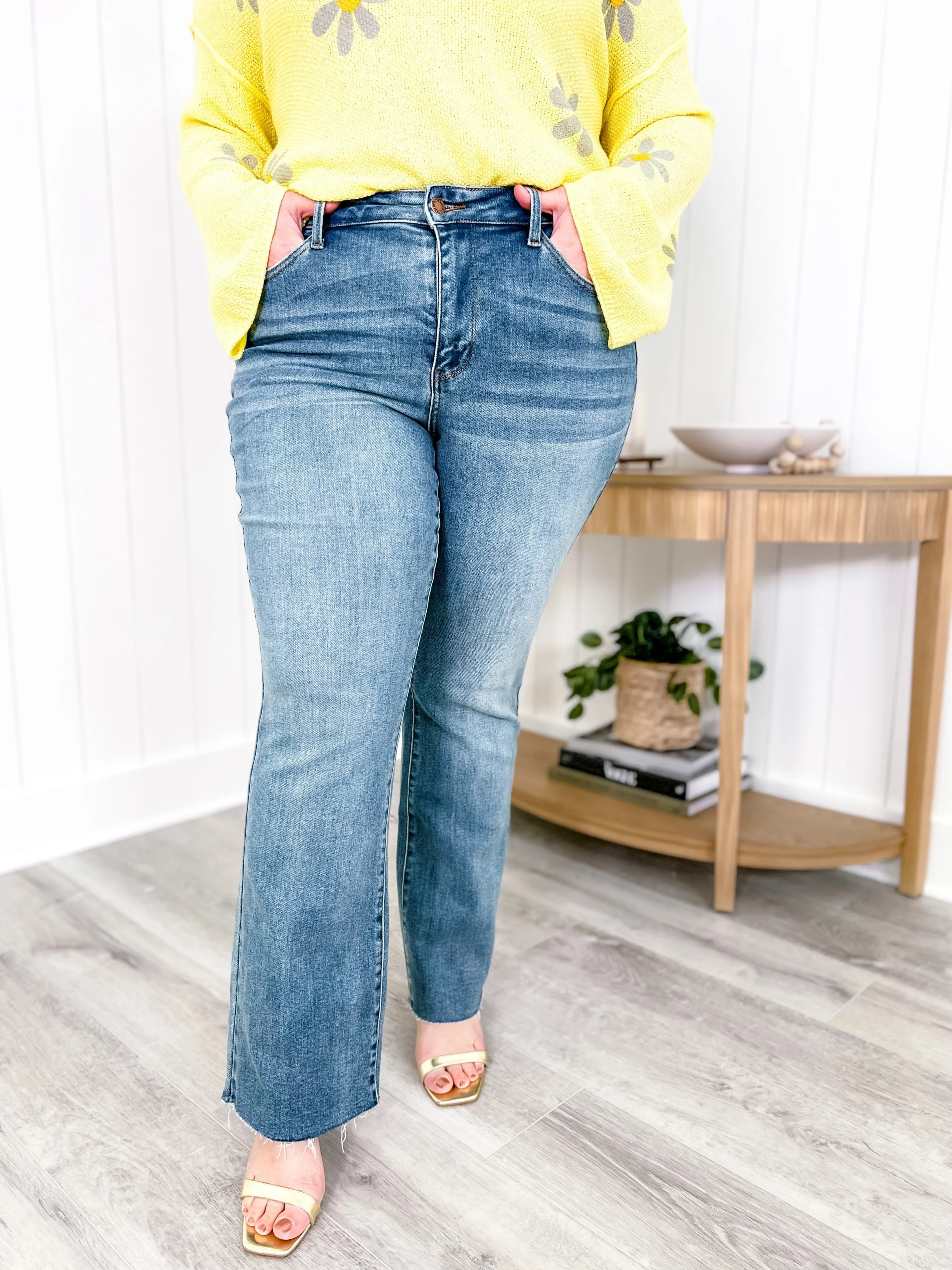 Judy Blue  Rinse and Repeat Medium Wash Mid Rise Raw Hem Bootcut Jeans