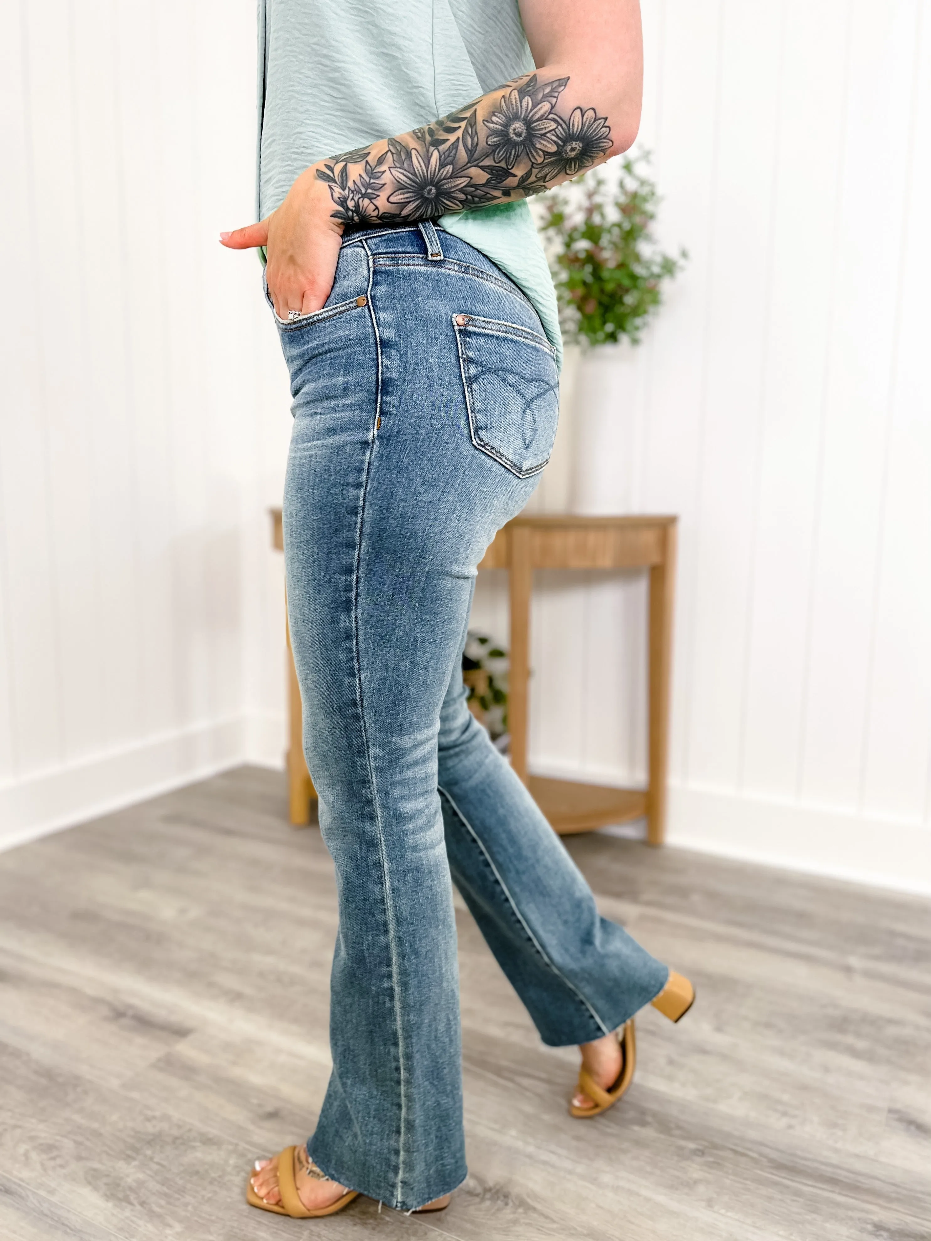 Judy Blue  Rinse and Repeat Medium Wash Mid Rise Raw Hem Bootcut Jeans