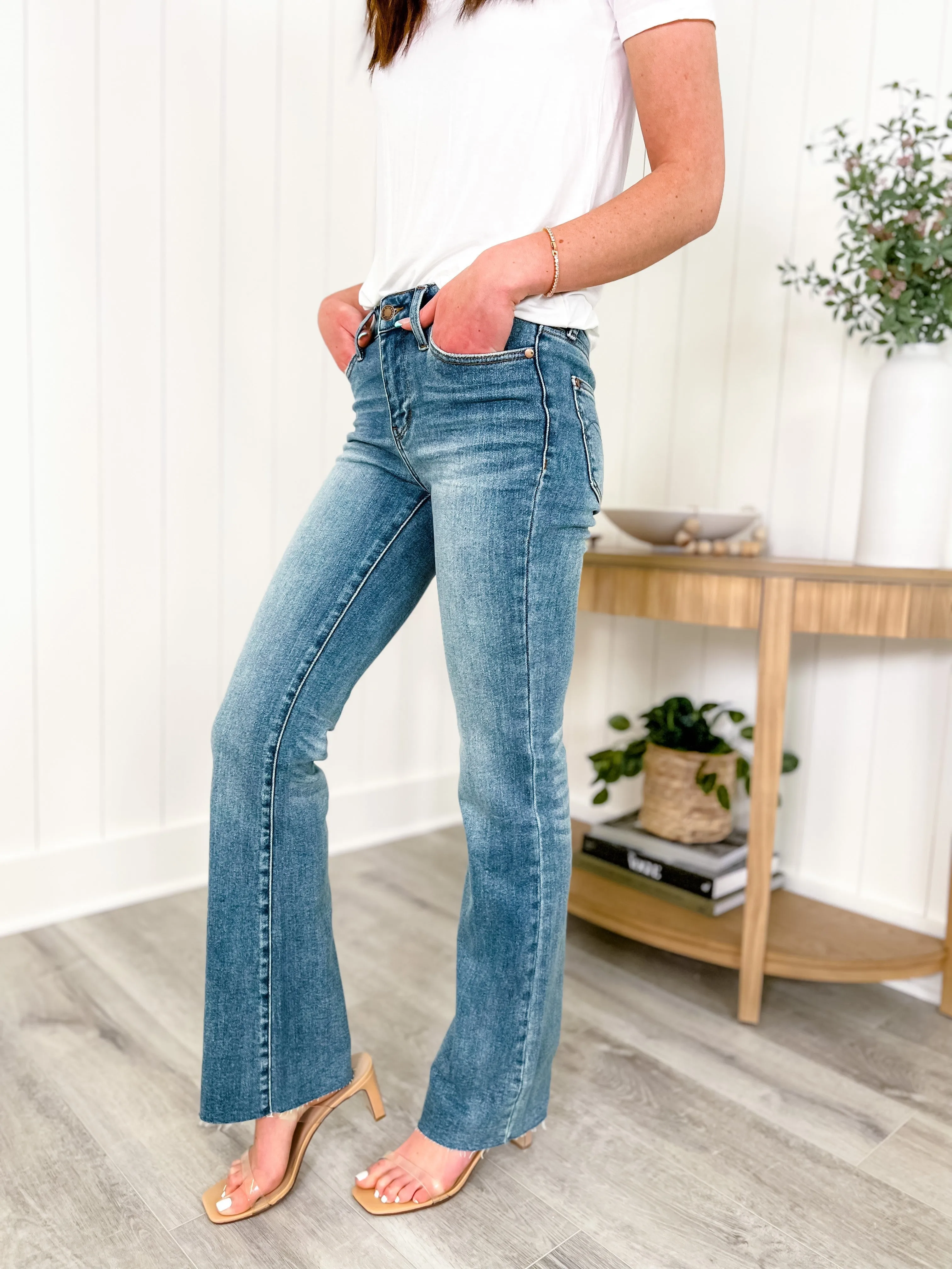 Judy Blue  Rinse and Repeat Medium Wash Mid Rise Raw Hem Bootcut Jeans