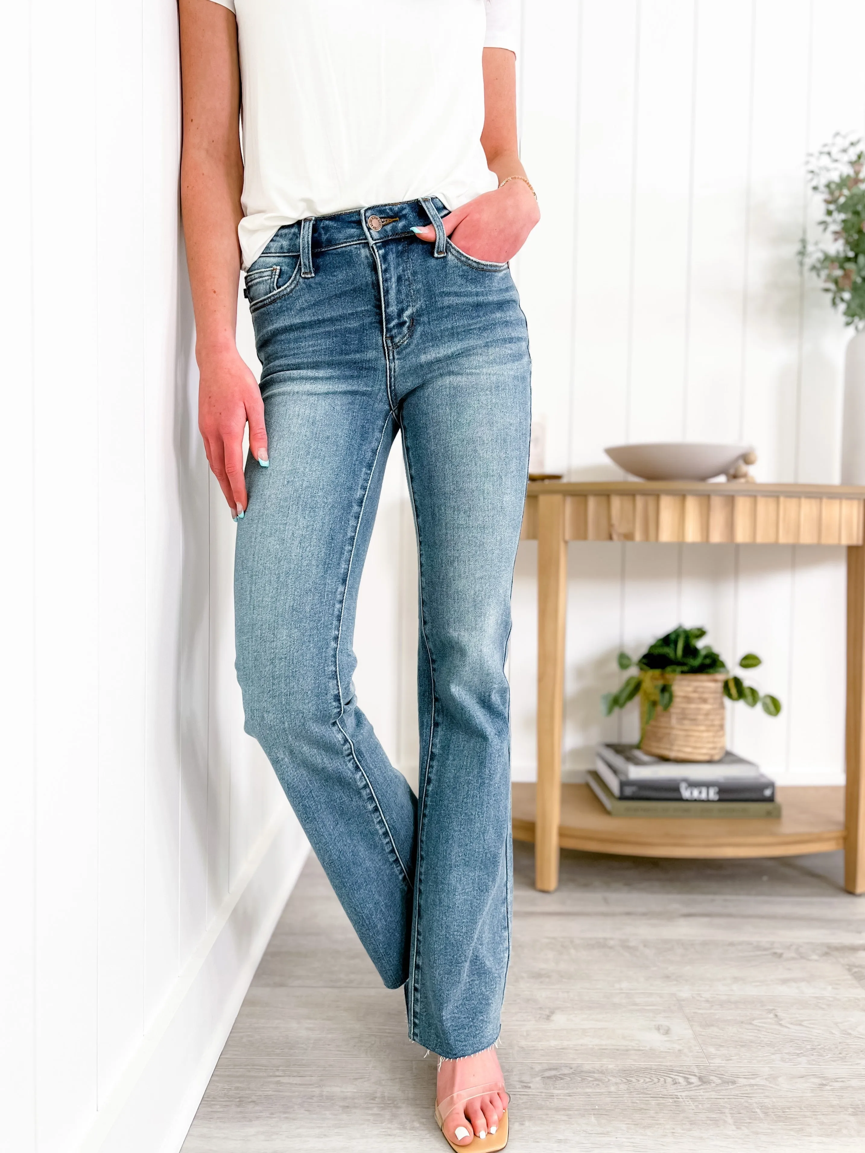 Judy Blue  Rinse and Repeat Medium Wash Mid Rise Raw Hem Bootcut Jeans