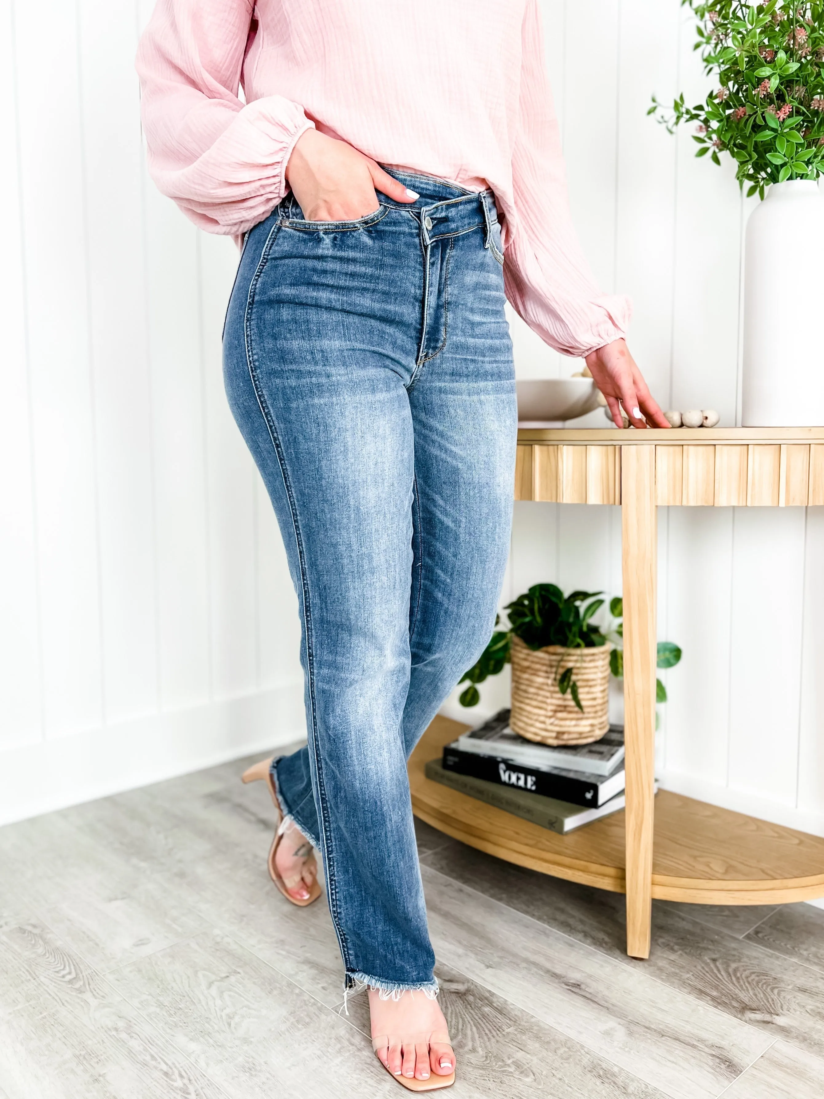 Judy Blue The Crossover High Rise Medium Wash Criss Cross Straight Leg Dad Jean