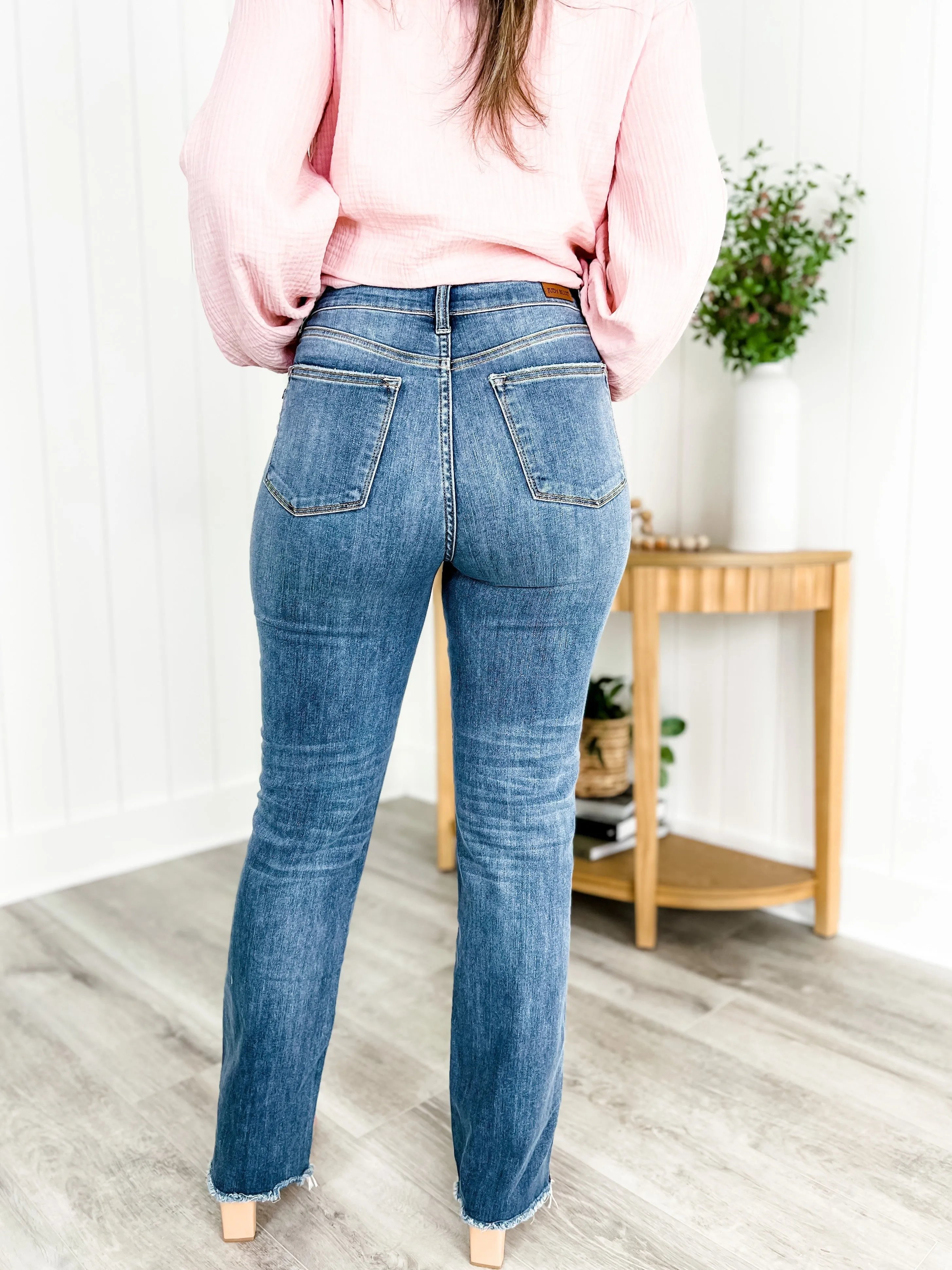 Judy Blue The Crossover High Rise Medium Wash Criss Cross Straight Leg Dad Jean