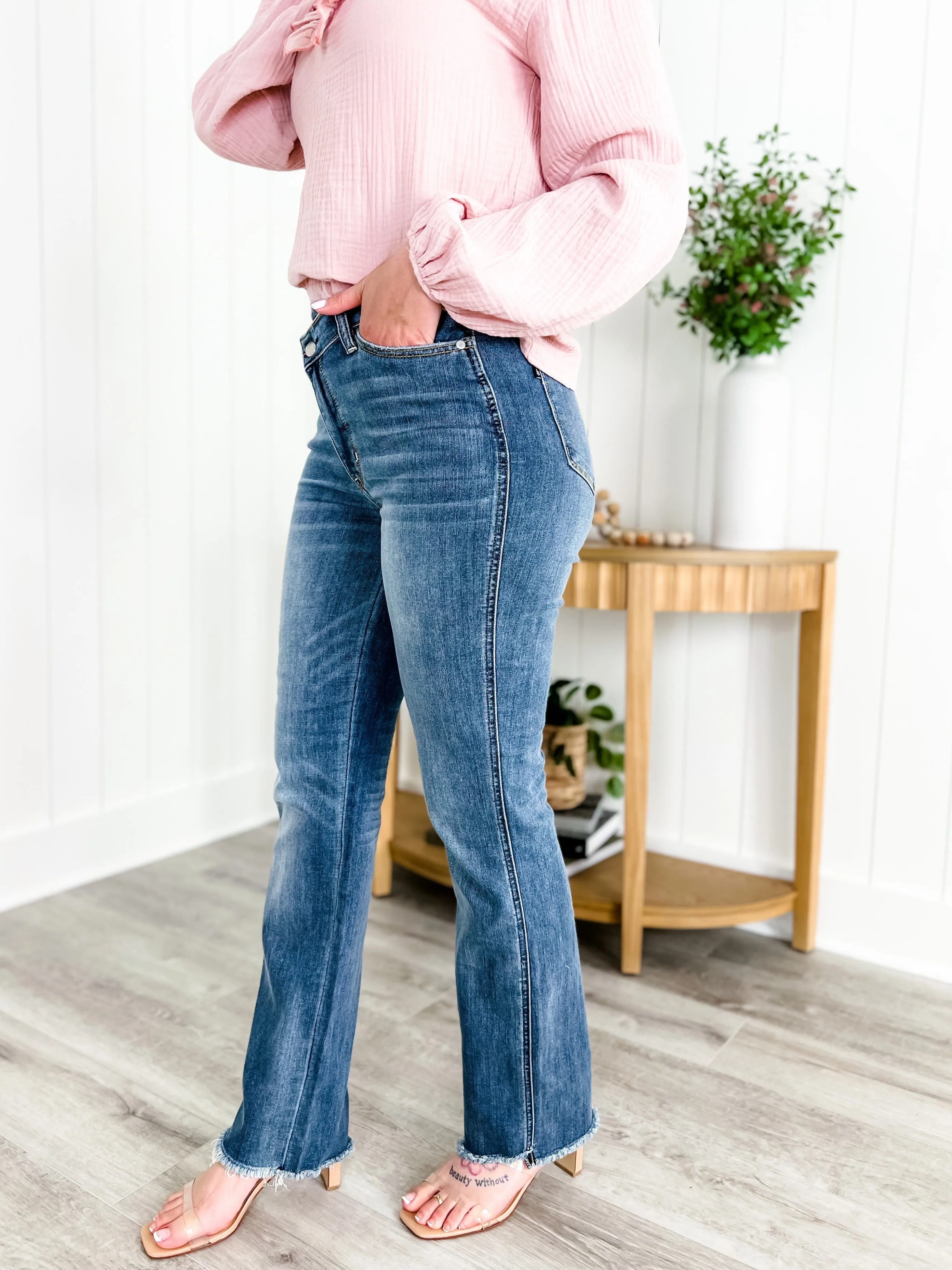 Judy Blue The Crossover High Rise Medium Wash Criss Cross Straight Leg Dad Jean