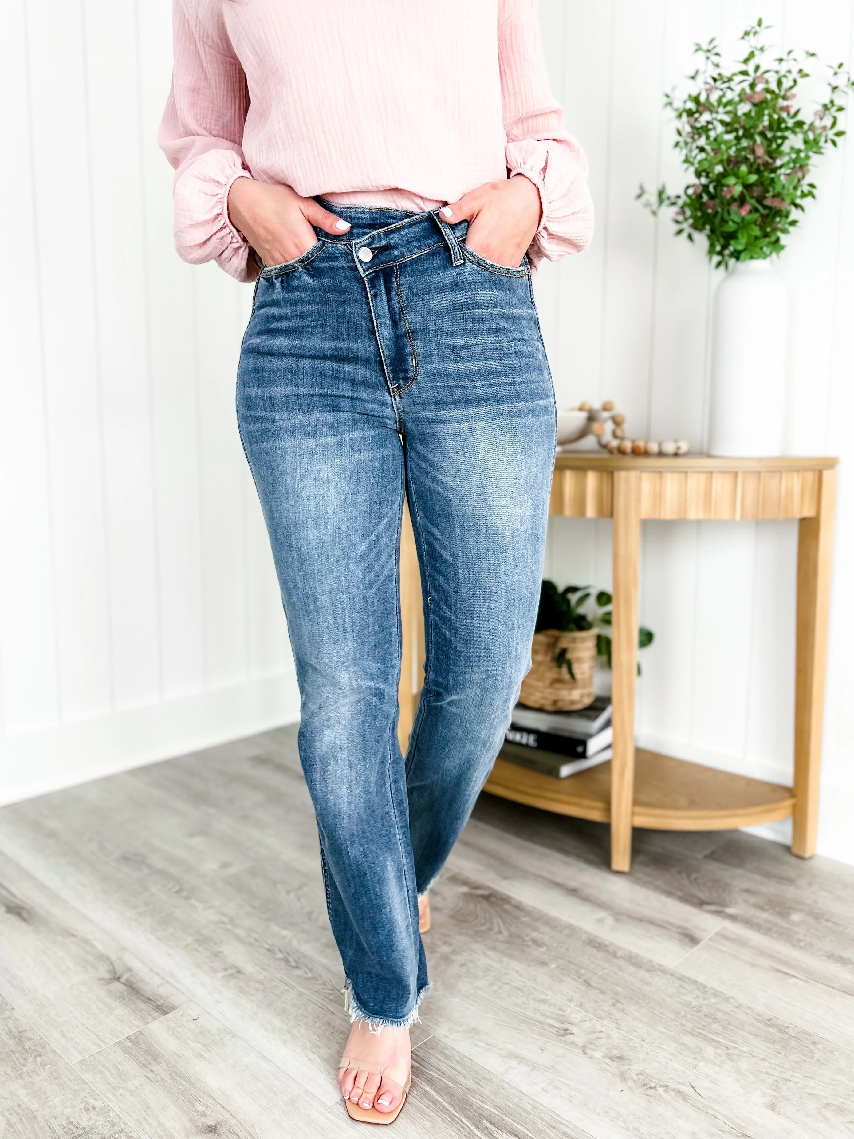 Judy Blue The Crossover High Rise Medium Wash Criss Cross Straight Leg Dad Jean