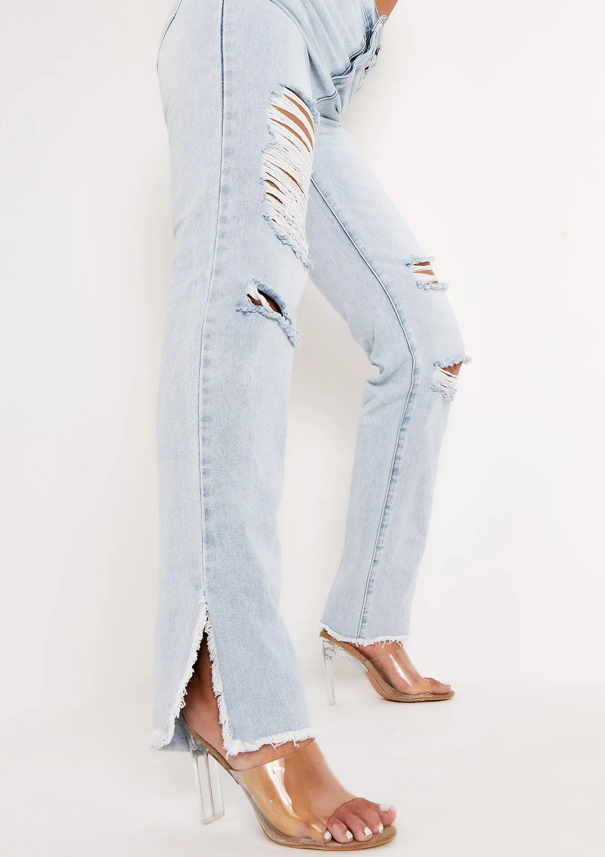 Lucie Denim Light Wash Distressed Split Raw Hem Jeans