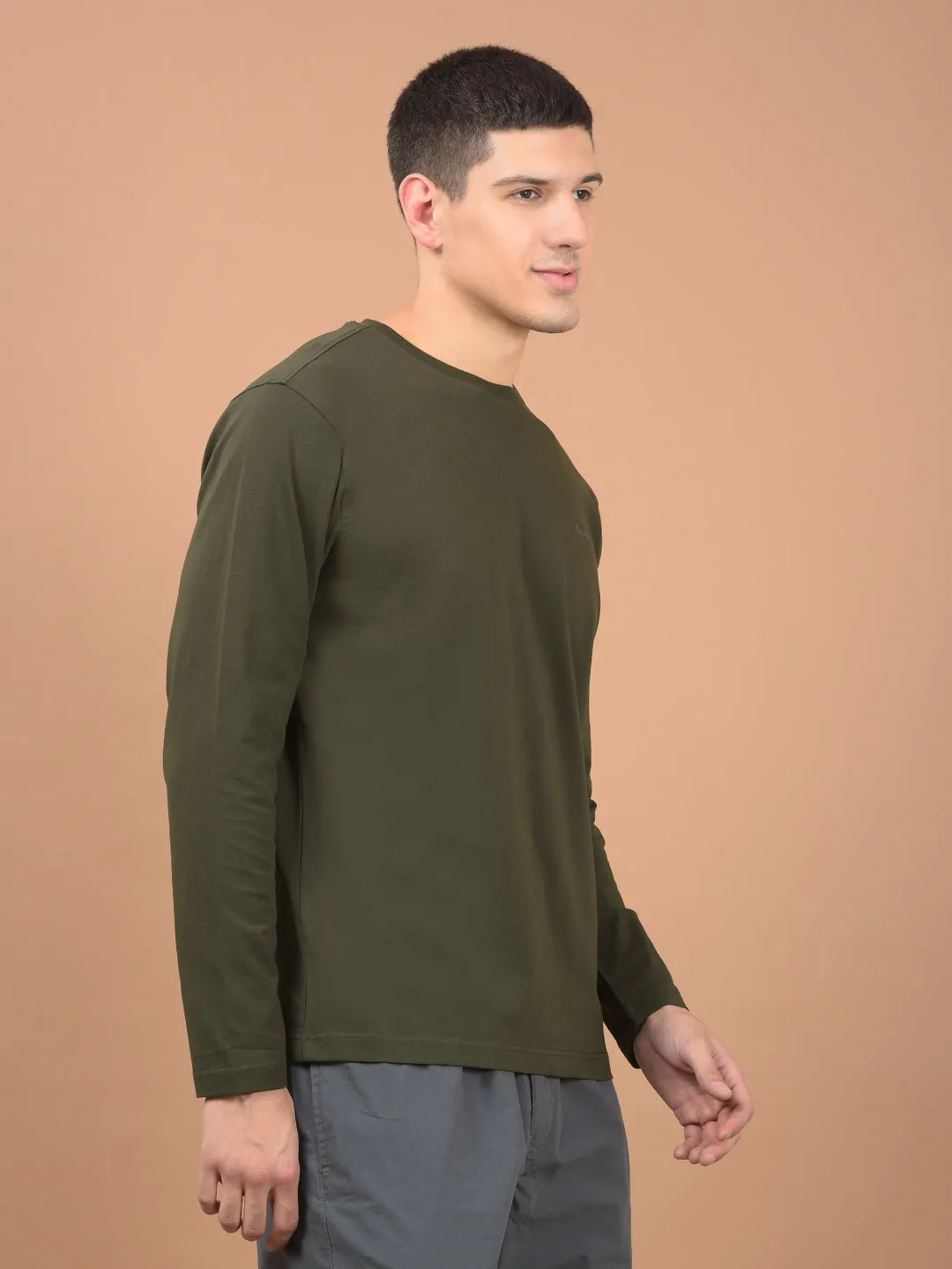 Men's Olive Self Design Full Sleeves Round Neck T-shirt For Winter