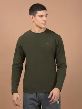 Men's Olive Self Design Full Sleeves Round Neck T-shirt For Winter