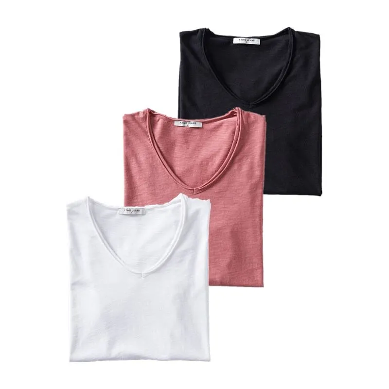 Men's T-Shirts Set 3PCS 100% Cotton Solid Colors Casual V-Neck Short Sleeve Soft Feel High Quality Tees