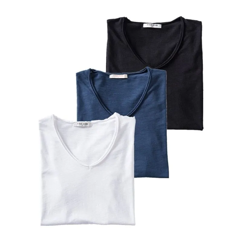 Men's T-Shirts Set 3PCS 100% Cotton Solid Colors Casual V-Neck Short Sleeve Soft Feel High Quality Tees