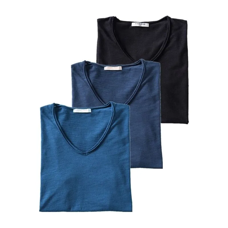 Men's T-Shirts Set 3PCS 100% Cotton Solid Colors Casual V-Neck Short Sleeve Soft Feel High Quality Tees