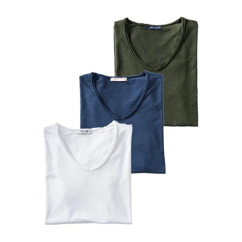 Men's T-Shirts Set 3PCS 100% Cotton Solid Colors Casual V-Neck Short Sleeve Soft Feel High Quality Tees