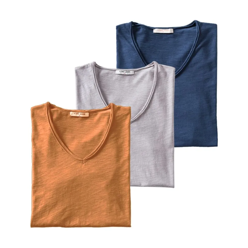 Men's T-Shirts Set 3PCS 100% Cotton Solid Colors Casual V-Neck Short Sleeve Soft Feel High Quality Tees