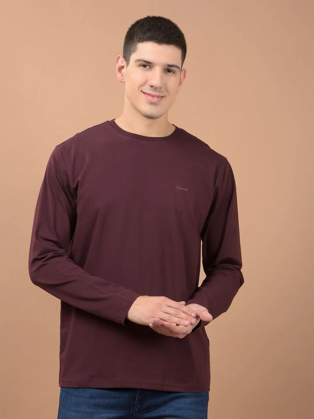 Men's Wine Self Design Full Sleeves Round Neck T-shirt For Winter