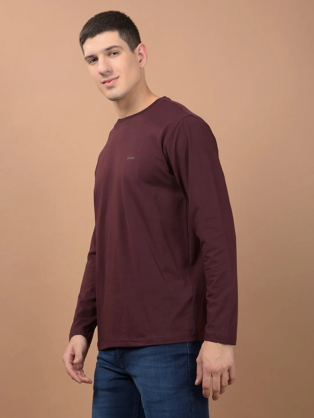 Men's Wine Self Design Full Sleeves Round Neck T-shirt For Winter