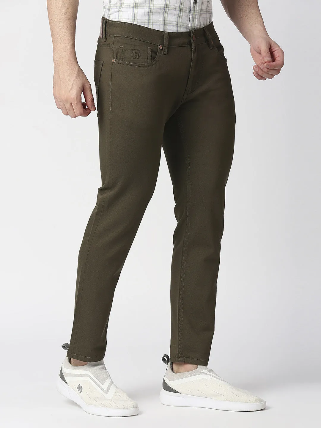 Olive Green Slim Tapered Cotton Stretch Jeans