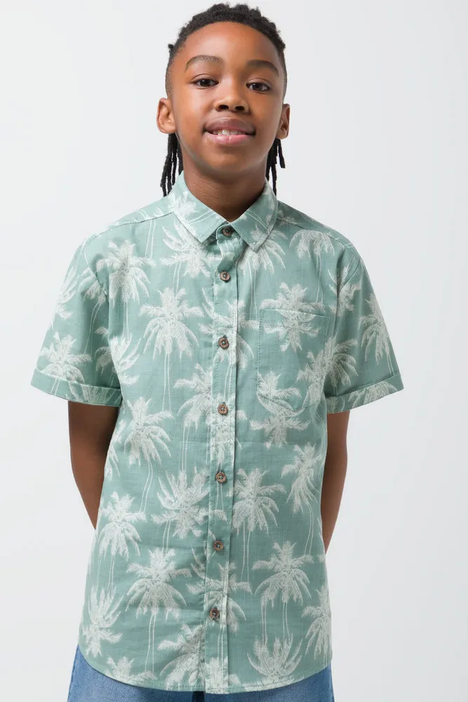 Palm Print Linen Shirt Sage