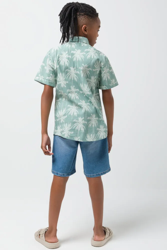 Palm Print Linen Shirt Sage