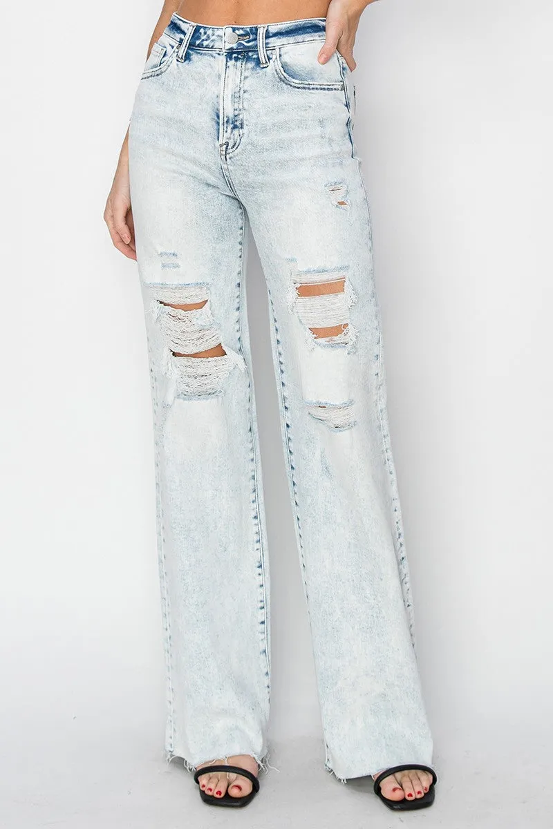 RISEN Distressed Acid Wash Wide Jeans