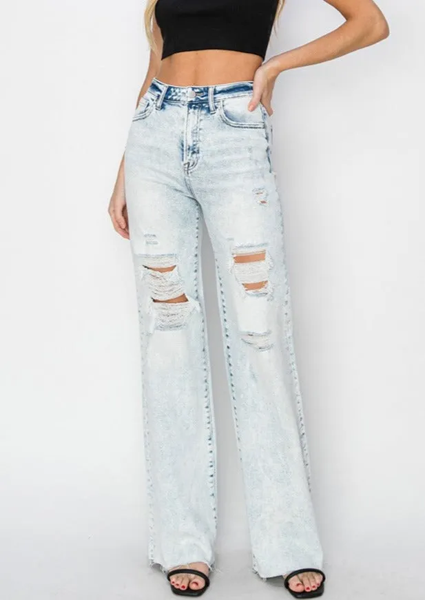 RISEN Distressed Acid Wash Wide Jeans