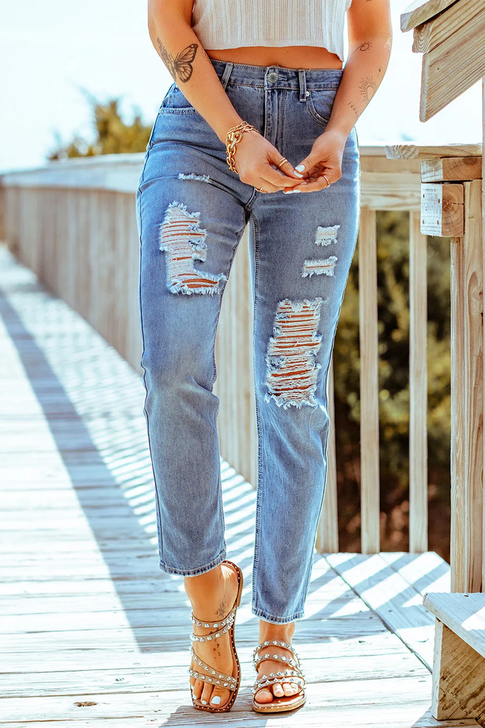 Sky Blue Distressed Slits Straight Jeans