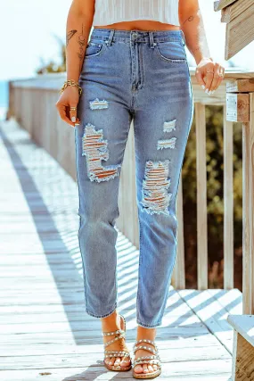 Sky Blue Distressed Slits Straight Jeans