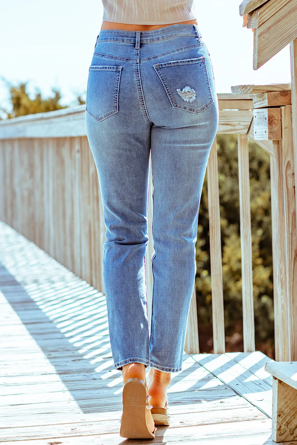 Sky Blue Distressed Slits Straight Jeans