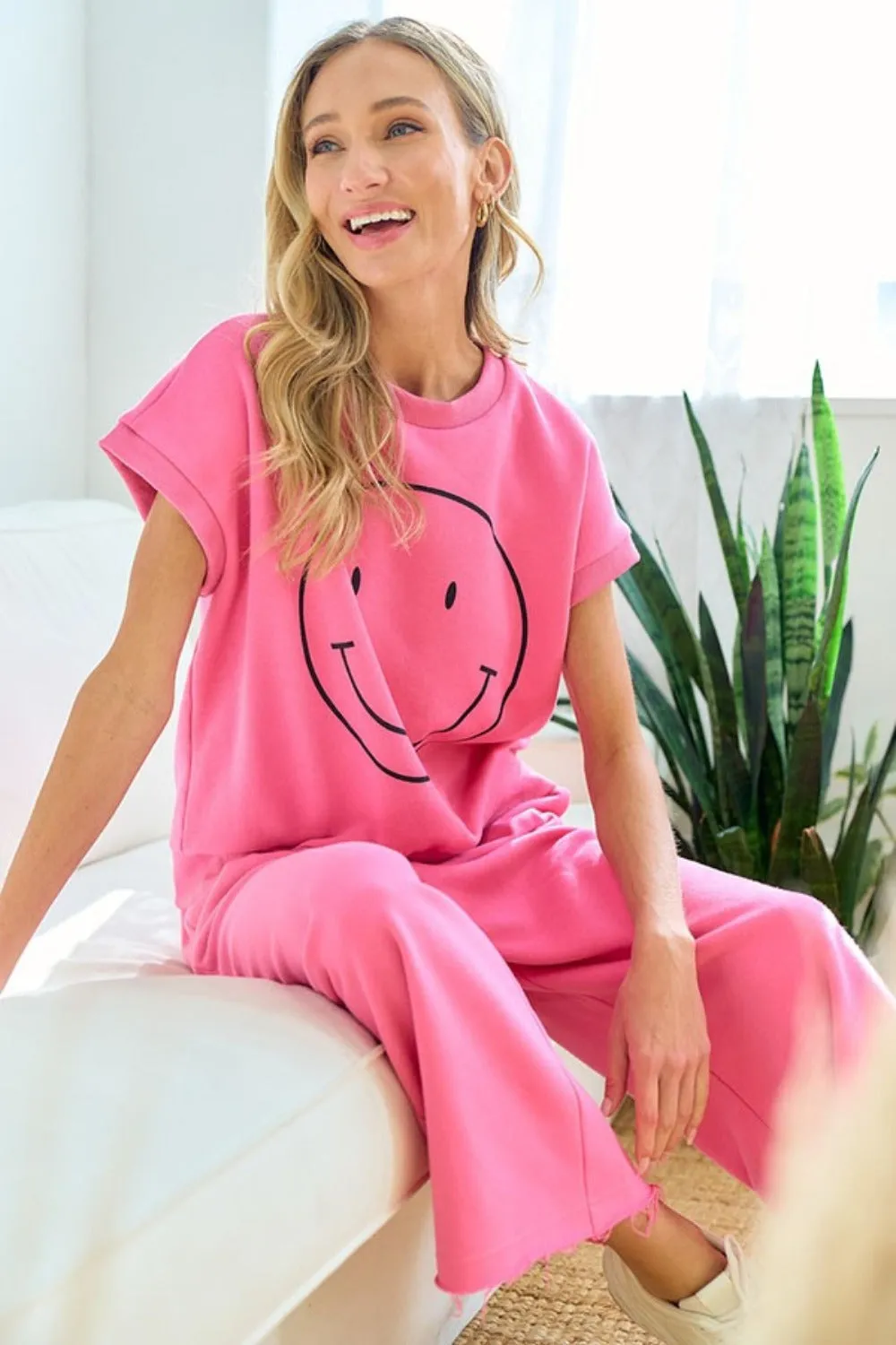 Smile Face Drop Shoulder Brushed Inside T-Shirt