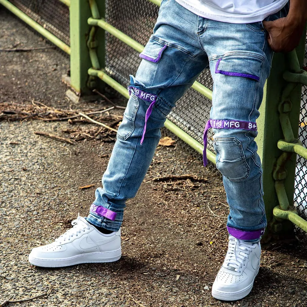 Strapped Up Slim Utility Medium Washed Jeans Purple