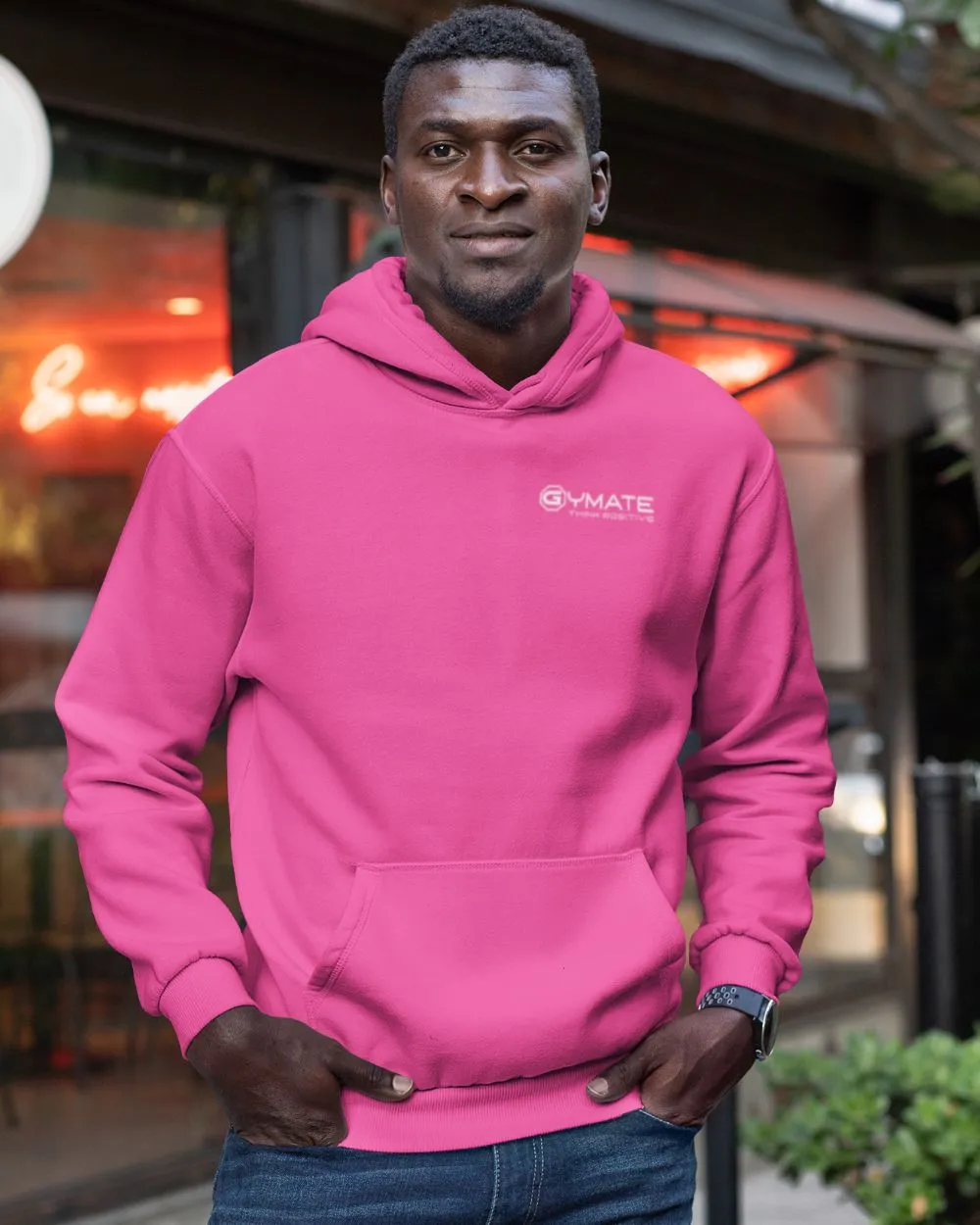 Stylish Mens Pink Hoodies chest 'Think Positive'