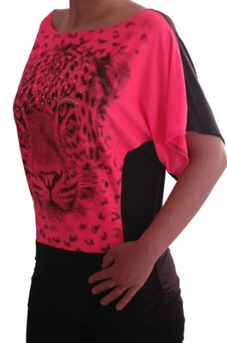 Two Tone Tiger Graphic Boat Neck Neon Tops