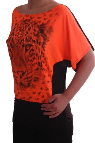 Two Tone Tiger Graphic Boat Neck Neon Tops